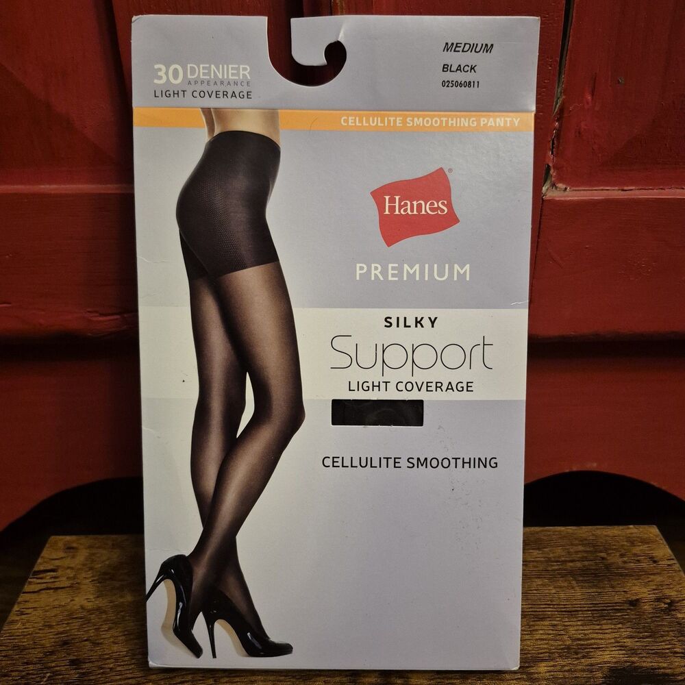 NEW Hanes MED. Premium Silky Support Black Cellulite Smoothing Pantyhose LT SUPP